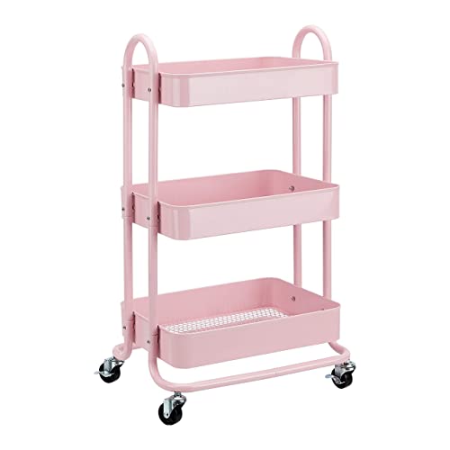 Amazon Basics - Carrito de cocina o multiuso de tres niveles con ruedas en rosa apagado