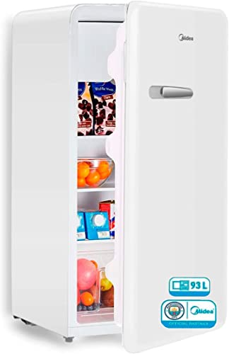 MIDEA Nevera pequeña 93L bajo consumo sin congelador - Mini bar frigorífico pequeño retro vintage para la habitación / caravana /camping - Mini nevera blanca silenciosa 39 dB