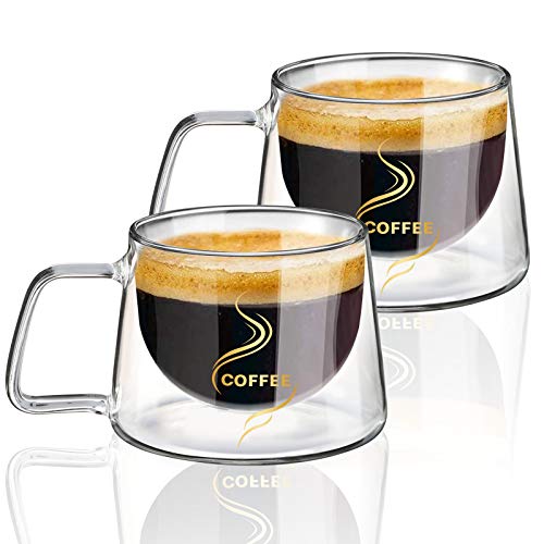 KAMEUN Glass Coffee Cups and Mugs of 2 *200ml, Double Walled Glass Mugs with Handles , Hot Drinking Glasses for Tea, Coffee, Latte, Cappuccino/Beverages (2pcs 200ml)
