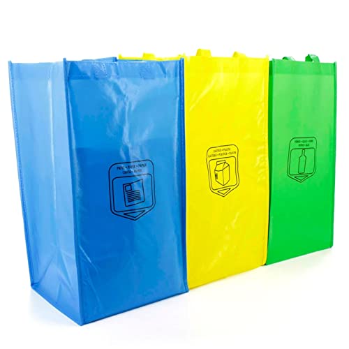Bolsas Reciclaje Basura 3 Colores - Pack con Bolsa de Reciclaje Azul, Verde y Amarilla para Reciclar Plástico, Vidrio, Papel y Cartón en la Cocina - Duraderas, 23L, con asas y Guía de Reciclaje