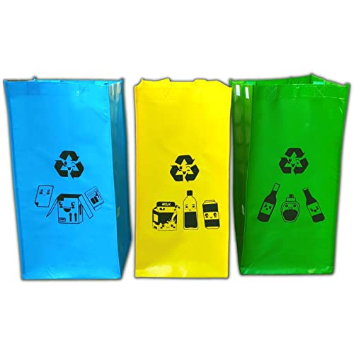 Bolsas de reciclaje con colores y dibujos Kawaii - Refuerzo para usar como 3 cubos de basura ecológicos en casa y reciclar plástico, vidrio , papel y cartón - De la cocina al contenedor o papelera