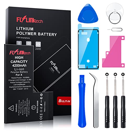 Batería para iPhone X 4200mAH con 55% más de Capacidad Que la batería Origina, FLYLINKTECH Reemplazo de Alta Capacidad Batería para iPhone X con Kits de Herramientas de reparación, Cinta Adhesiva