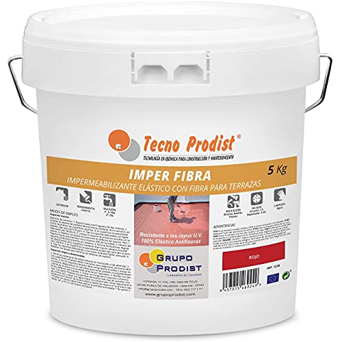 Tecno Prodist IMPER FIBRA (5 Kg, ROJO) Pintura Terrazas Impermeabilizante y elástica con Fibras Incorporadas - Gran cubrición - (A Rodillo o brocha, disponible en color rojo o blanco)