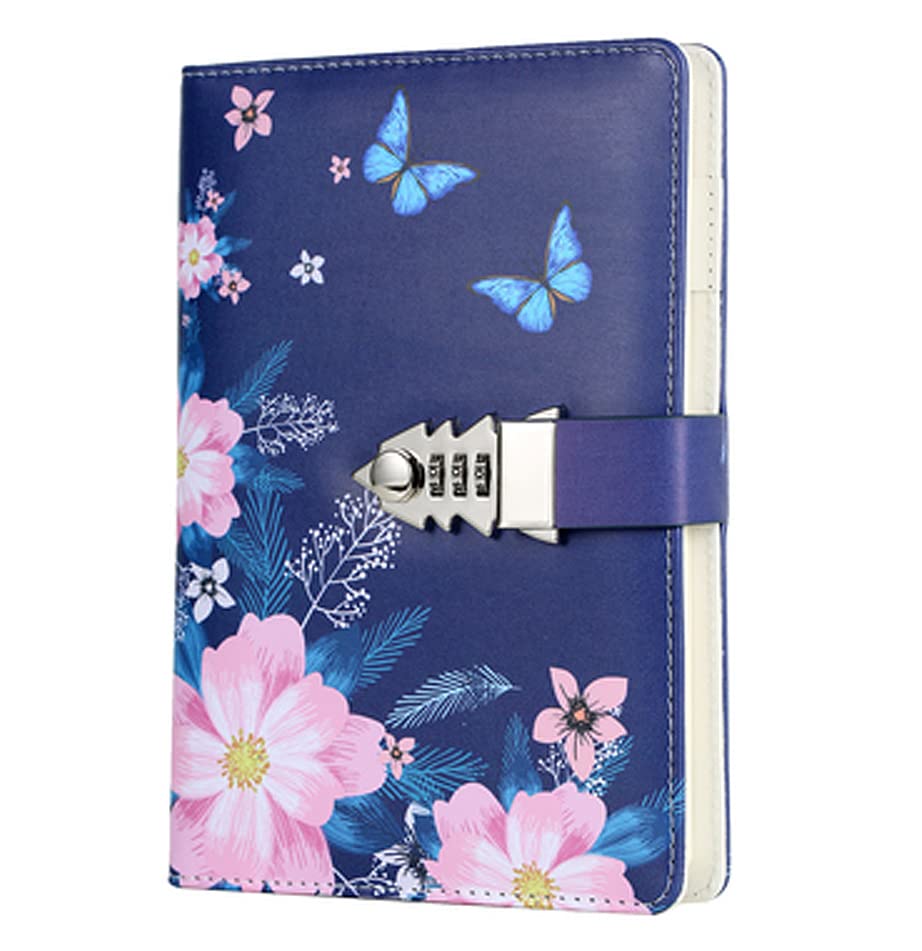 Auvier - Diario de viaje para niñas, con cerradura, buen regalo para niñas y niños, de piel sintética, lindo cuaderno secreto A5 (8,5 x 6 pulgadas), diseño de mariposa azul oscuro